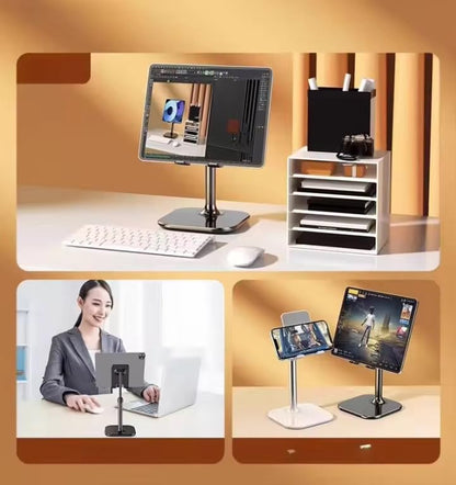 BelaGoods Cell Phone Stand & Tablet Stand – Height & Angle Adjustable Desk Holder with Weighted Base, Anti‑Slip Pads & Charging Slot, Fits 4"–12" iPhone/iPad/Android Devices (Black)