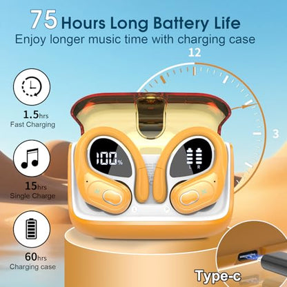 Wireless Earbuds 75H Bluetooth 5.4 Sport Headphones with Earhooks, Yellow - color: Yellow
