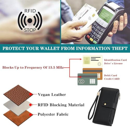 GAEKEAO Womens Wallet RFID Blocking Large Capacity Vegan Leather Card Holder Wristlet Clutch with 32 Card Slots 4 ID Windows - color: X01-Black