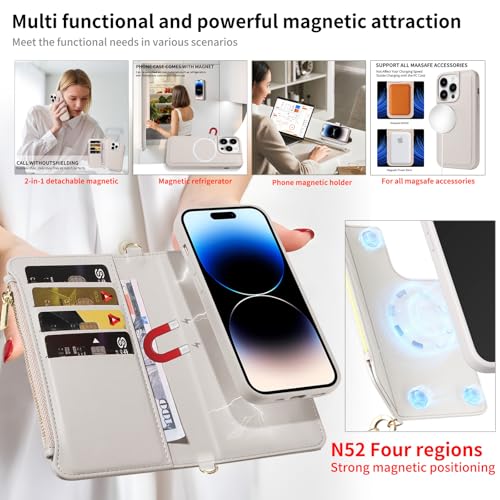 for iPhone 16 2-in-1 Magnetic Crossbody Wallet Case + Wrist Strap | Wireless Charging After Wallet Removal, Detachable Crossbody/Wrist Straps, Landscape Stand, Card Holder and Zipper Pocket - color: Cream apricot, size: iPhone 16