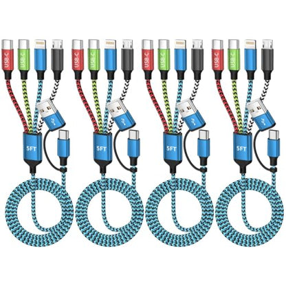 4 in 2 Multi Charging Cable, USBA/C Universal Charging Cords 4 Pack 5FT - color: White&Red&Black&Blue