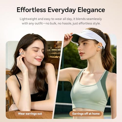 Clip On Earbuds with Detachable Butterfly Earrings & LED Makeup Mirror Case, Wireless Earbuds Bluetooth 6.0, Air Conduction Headphones, Lightweight for Travel Work Daily Use,Great Gift Choice - color: Sunset Gold