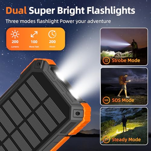 Solar Charger Power Bank 49800mAh Wireless Portable Phone Charger, 22.5W QC3.0 Fast Charging Built in 4 Cables with USB C 6 Outputs & 2 Inputs for All Cell Phone - color: Orange