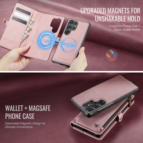Defencase for Galaxy S23 Ultra Case Wallet Compatible with Magsafe, Pink | Magnetic Detachable, RFID Bolcking Card Holder, Zipper Strap, PU Leather Drop-Proof Phone Cover for Samsung Galaxy S23 Ultra - color: (Detachable with Magsafe)-Pink