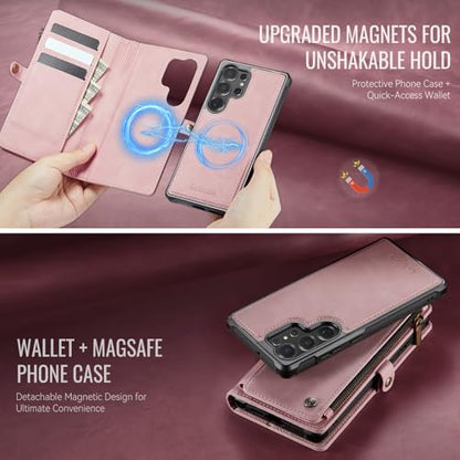 Defencase for Galaxy S22 Ultra Case Wallet Compatible with Magsafe, Pink | Magnetic Detachable, RFID Bolcking Card Holder, Zipper Strap, PU Leather Drop-Proof Phone Cover for Samsung Galaxy S22 Ultra - color: (Detachable with Magsafe)-Pink