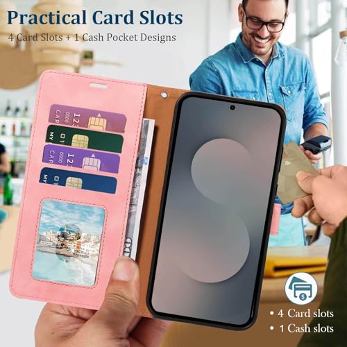 RFID Blocking for Samsung Galaxy S25 FE Case Wallet (Pink) | 4 Card Slots, Soft PU Leather, TPU Inner Shell, Wrist Strap, Stand, Magnetic Folio Flip Cover, Shockproof Protective - color: Pink