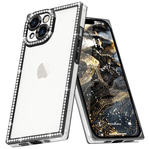 Clear Glitter Phone Case for iPhone 13 Luxury Bling Diamond | Sparkly Rhinestones Soft TPU Plating Rectangle Edge Camera Protection Transparent Shockproof Cover for Women Girls, Black - color: Black, size: iPhone 13
