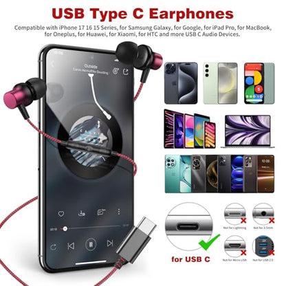 COOYA USB C Headphones Wired Earbuds for iPhone 18 Pro Max 17 16, BlackRed - color: BlackRed