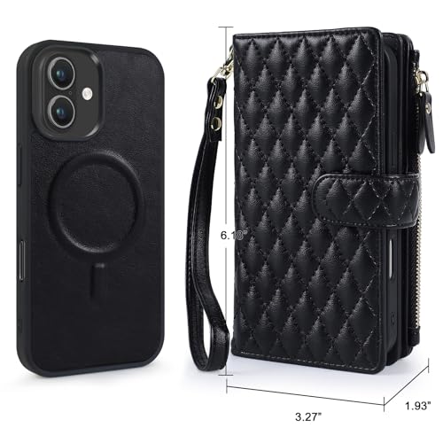 for iPhone 17 Case Wallet,Compatible with MagSafe 2 in 1 Magnetic Detachable PU Leather RFID Blocking Wallet Cover Card Holder Zipper Wrist Strap Lanyard,Quilted Black - color: Quilted Black, size: iPhone 17