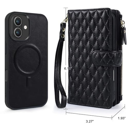 for iPhone 17 Case Wallet,Compatible with MagSafe 2 in 1 Magnetic Detachable PU Leather RFID Blocking Wallet Cover Card Holder Zipper Wrist Strap Lanyard,Quilted Black - color: Quilted Black, size: iPhone 17