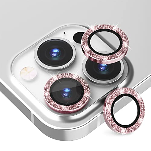 Suoman 3-Pack for iPhone 13 Pro 6.1 inch / 13 Pro Max 6.7 inch Camera Lens Protector, 9H Hardness Tempered Glass Film, [Glitter diamonds] Individual Metal Protective Cover- Pink - color: Pink