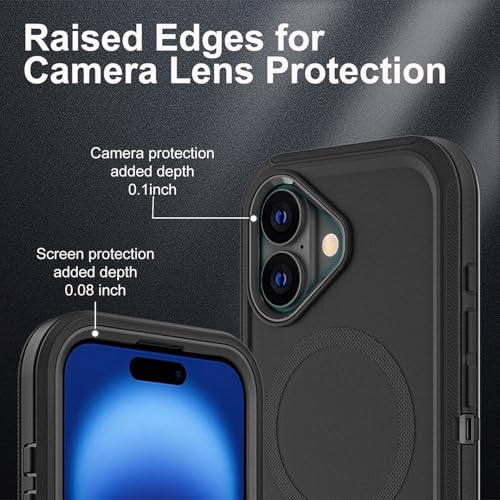 YKHJKLEC for iPhone 16 Case, Compatible with Magsafe, Military Grade 3 in 1 Heavy Duty Shockproof/Drop Proof/Dust Proof Case with 2Pcs Tempered Glass Screen Protector (New-Black/Black) - color: New-Black/Black