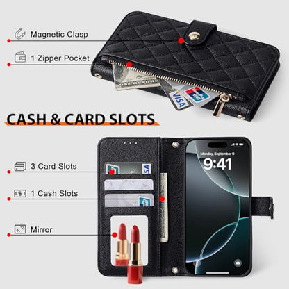 Wallet Phone Case Crafted for iPhone 16 Pro Black | Women Wallet Flip Case Cover Wrist Strap Zipper Credit Card Holder Slots PU Leather - color: Black, size: iPhone 16 Pro