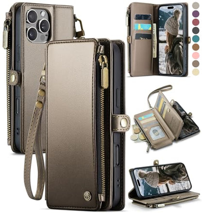 Defencase for iPhone 16 Pro Max Wallet Case with RFID Card Holder, Titanium | Durable Soft PU Leather, with Zipper Pocket, Wrist Strap, Fashion Snap Flip Phone Cases Cover with Stand for Women and Men - color: Desert Titanium