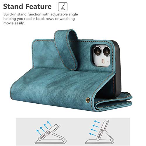 iCoverCase for iPhone 12 Mini Wallet Case with Card Holder and Wrist Strap, PU Leather Kickstand Card Slots Zipper Pocket Magnetic [Detachable] Flip Cover Case 5.4 Inch (Blue) - color: Blue