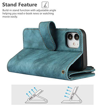 iCoverCase for iPhone 12 Mini Wallet Case with Card Holder and Wrist Strap, PU Leather Kickstand Card Slots Zipper Pocket Magnetic [Detachable] Flip Cover Case 5.4 Inch (Blue) - color: Blue