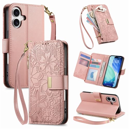 for iPhone 17 Phone Case Wallet, Pink | Built-in Card Holder (8-10 Cards), Zipper Pocket, Wrist Strap, Stand Kickstand, Flower PU Leather Protective Phone Case Women - color: Pink, size: iPhone 17