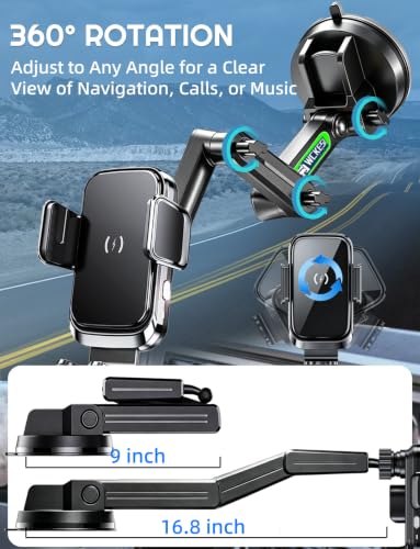 Truck Phone Mount, Wireless Car Charger Holder, 16.8" Arm, Big Rig