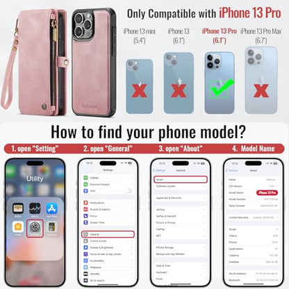 Defencase for iPhone 13 Pro Case Wallet Compatible with Magsafe, Rose Pink | Drop-Proof Magnetic Detachable Phone Cases Cover, with RFID Bolcking Card Holder, Zipper Strap, PU Leather, Removable Wallet - color: (Detachable with Magsafe)-Pink