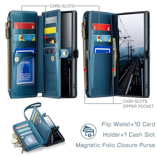 Defencase for Samsung Galaxy S25 Ultra Wallet Case with Card Holder, D-Blue | with RFID Blocking Zipper Pocket, Durable PU Leather, Wrist Strap, S25 Ultra Flip Phone Cases Cover with Stand for Women Men - color: Dark Blue