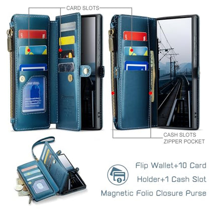 Defencase for Samsung Galaxy S25 Ultra Wallet Case with Card Holder, D-Blue | with RFID Blocking Zipper Pocket, Durable PU Leather, Wrist Strap, S25 Ultra Flip Phone Cases Cover with Stand for Women Men - color: Dark Blue