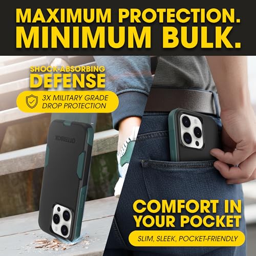 OtterBox iPhone 15 Pro Max Commuter Series MagSafe Case - Black & Green | 3X MIL Drop Protection - Dual-Layer Shockproof Design - Pocket-Friendly - Raised Edges - Port Covers - color: Black/Green