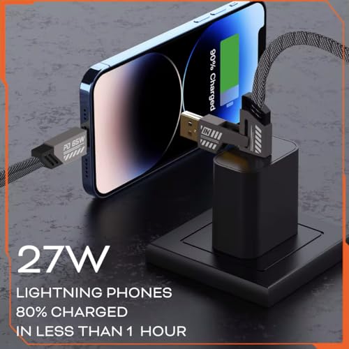 Ankus 4 in 1 Universal Charging Cable USB-C, 65W Fast Charge, 3.9ft (1.2m) with Hook-and-Loop Fastener, Compatible with iPhone, Samsung, and More - Gray