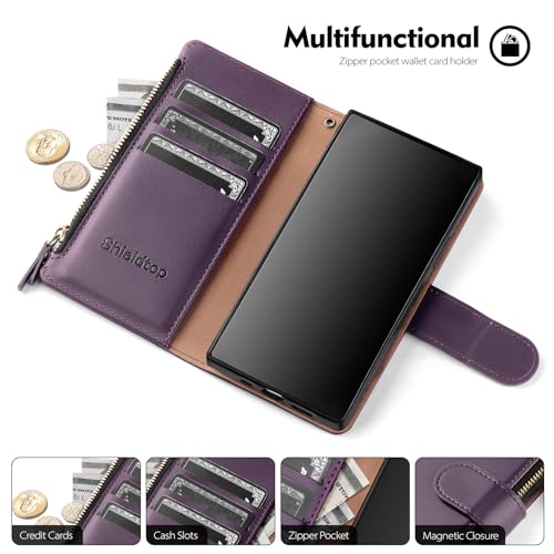 Shieldtop Compatible with Samsung Galaxy S23 Ultra 5G Wallet Case with Card Holder,Women Men RFID Blocking PU Leather Phone Case Flip Protective Cover Wrist Strap Zipper Credit Card Slots,Dark Purple - color: Dark Purple, size: Galaxy S23 Ultra - 6.8"