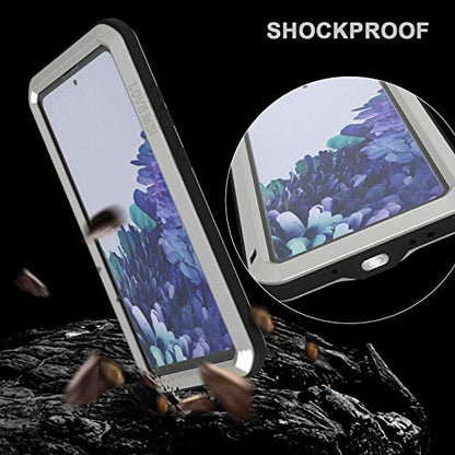 LOVE MEI Military Rugged Case for Samsung Galaxy S20 FE 5G, with Glass Screen Protector, Shockproof Dustproof Scratch Proof Hybrid Alloy and Silicone Gel Heavy Duty Full Body Cover Silver - color: Silver