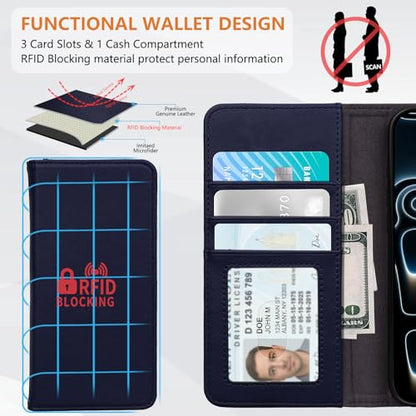 for iPhone 17 Pro 6.3" Wallet Case Card Holder Blue | Magsafe Compatible,RFID Blocking,Kickstand,Folio Cover,Genuine Leather - color: Blue, size: 6.3" iPhone 17 Pro