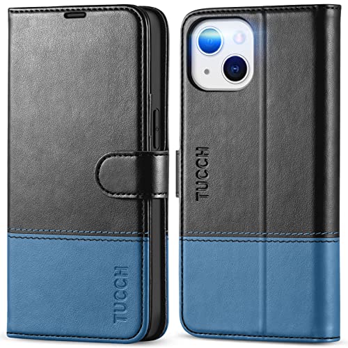TUCCH Wallet Case for iPhone 13 (6.1"), 3 Card Holders, Black & Light Blue | RFID Blocking, Viewing Stand, Shockproof TPU Shell, PU Leather, Magnetic Closure, Protective Folio Flip Cover - color: Black & Light Blue