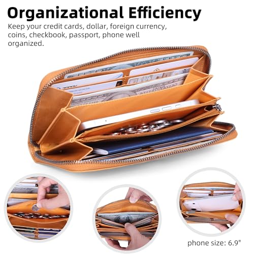 VISOUL Leather Long Zipper Pouch Wallet for Men and Women with RFID Blocking, Large Clutch Cash Long Wallet with Zipper (Tan) - color: Tan