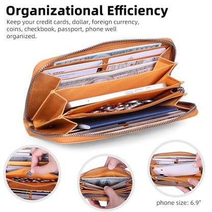 VISOUL Leather Long Zipper Pouch Wallet for Men and Women with RFID Blocking, Large Clutch Cash Long Wallet with Zipper (Tan) - color: Tan