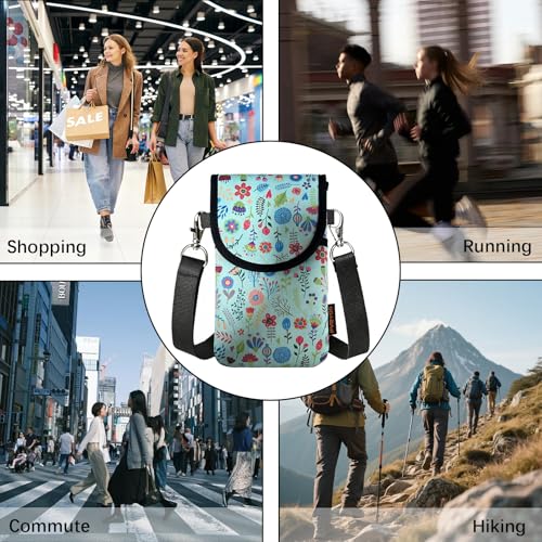 Neoprene Phone Sleeve Pouch Case Bag for Men Women w/Crossbody Strap/Neck Lanyard for iPhone 17/16/15/14 Pro Max, Samsung S25，Pixel 10 - color: Green Flower Cell Phone Sleeves