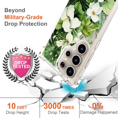 Hungo Galaxy S24 Ultra Case for Girls Women Clear Design Cute,Girly Case Compatible with Samsung Galaxy S24 Ultra Green Tropical Palm Leaves Hibiscus Flower Forest Jungle - color: Green Tropical Leaves
