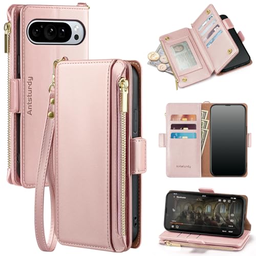 Antsturdy Compatible with Google Pixel 9 5G Wallet Case with Card Holder Women Men,Pixel 9 Pro Phone Case PU Leather Flip Protective Cover Wrist Strap Zipper Credit Card Slots RFID Blocking,Rose Gold - color: Rose Gold