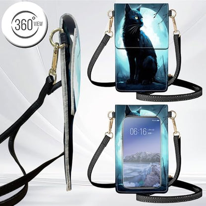 for Women Cell Phone Purse,with Touchscreen Cell Phone Purse,PU Leather Shoulder Bag Waterproof Phone Wallet Case with Clear Touch Screen Window up to 6.7 inch Smartphone, - color: Black Cat / Blue Sky -193