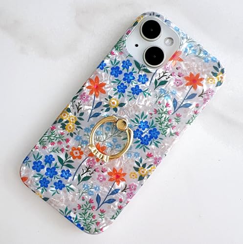 Qokey Cover for iPhone 13/14 6.1 Inch, Clear Glitter Flower for Women Girls with 360 Degree Rotating Ring Kickstand, Soft TPU Shockproof Non-Yellowing Case, Powder Blue Floral - color: Powder Blue