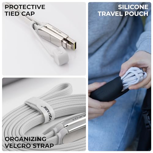 Rolling Square inCharge XL 200 cm - USB-C Cable, Universal Smartphone Cable, Gift for Men, 6-in-1 Universal Charger for Smartphones, Technical Gadget, White, Lightning Cable 100W - color: White