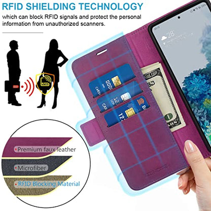 KEZiHOME Case for Galaxy S23 5G, Genuine Leather [RFID Blocking] Wallet Case Magnetic Folio Flip with Card Slots Kickstand Phone Cover Compatible with Galaxy S23 (2023) (Purple/Brown)