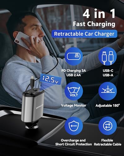 Retractable Car Charger,4 in 1 Fast Charging Car Charger with USB-C & USB-A - color: Grey