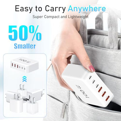 100W GaN USB C Fast Charger Compact 6 Port Charging Station