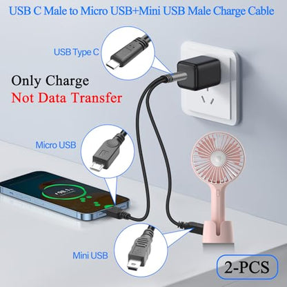 QIANRENON USB C to Micro USB & Mini USB 1 in 2 Charging Short Cable, 5V 3A, 30cm/11.8in, 2Pcs