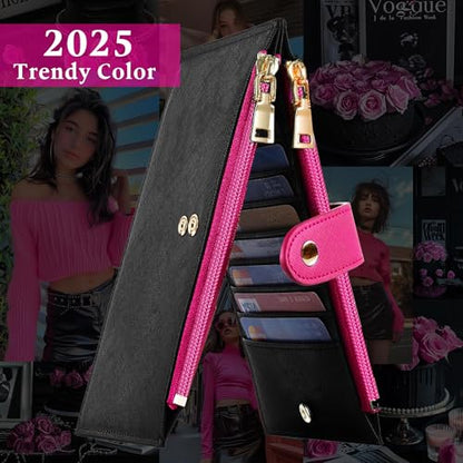 Travelambo RFID Wallet Women Bifold Multi Card Wallet Case with Zipper Pocke Credit Card Holder for Women - color: Black & Rose Red