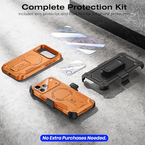Caka 4-in-1 for iPhone 17 Pro Max Case with Belt Clip Holster and Stand | HD Glass Screen & Camera Lens Protector, Compatible with MagSafe, Hidden Kickstand, Rugged Heavy Duty Shockproof Phone Cover - color: Orange