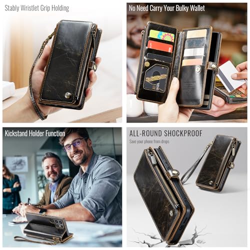 Defencase for Samsung Galaxy S22 Ultra Wallet Case with Card Holder, Coffee | Durable PU Leather, with RFID Blocking Zipper Pocket, Wrist Strap, S22 Ultra Flip Phone Cases Cover with Stand for Women Men - color: Luxury Coffee