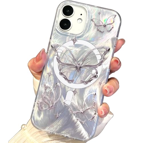 I-MGAE-IN-AR Compact Case for iPhone 11 Shiny Silver Butterfly Design,[Compatible with MagSafe] Cute Soft Slim TPU Shockproof Protective Phone Cases Cover for Women Aesthetic - color: [Strong Magnet] Silver Butterfly, size: iPhone 11