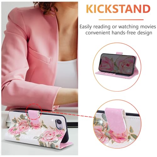 UEEBAI Wallet Case for iPhone 17e/iPhone 16e, PU Leather Phone Cover Kickstand RFID Blocking Flip Case Card Slots Wrist Strap Relief Engraved Pattern Magnetic Closure Flower Folio Wallet, White Rose - color: White Rose, size: iPhone 17e/16e