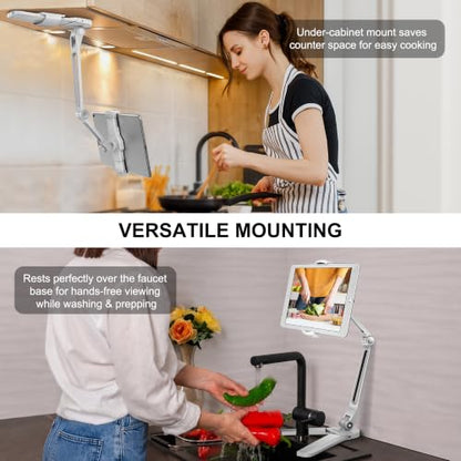 AboveTEK Under Cabinet iPad Mount, 3 in 1 Highflex 360° iPads Wall Mount for Kitchen, Tablet Celling Under Counter Holder, Kitchen Tablet Mount Fits 4.7" to 13.5" iPad, mini, Air, Surface Pro - White - color: white
