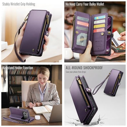 Defencase for iPhone 17 Pro Max Wallet Case with RFID Card Holder, Purple | Durable Soft PU Leather, with Zipper Pocket, Wrist Strap, Fashion Snap Flip Phone Cases Cover with Stand for Women and Men - color: Purple